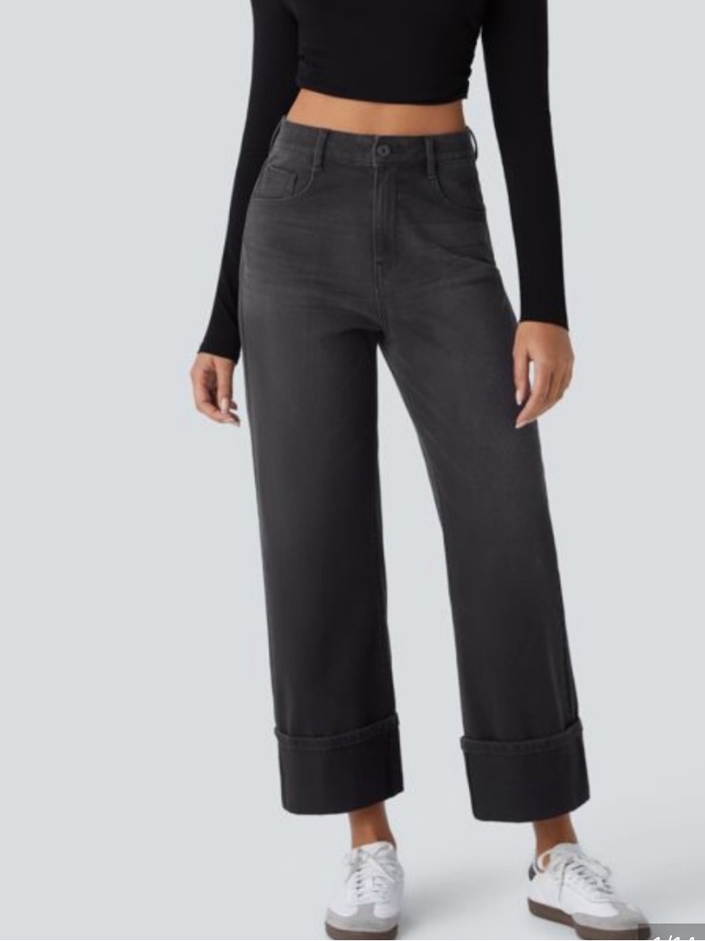Halara Flex Denim High Waisted Cuff Wide Leg Jean Black Womens XL